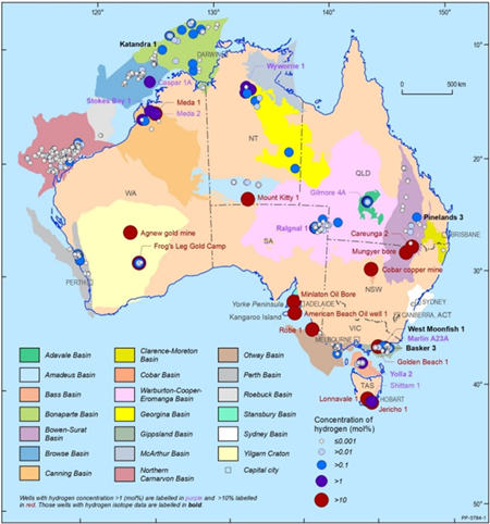 map showing Distribution of hydrogen in onshore and offshore Australian Basins (Boreham, 2021)